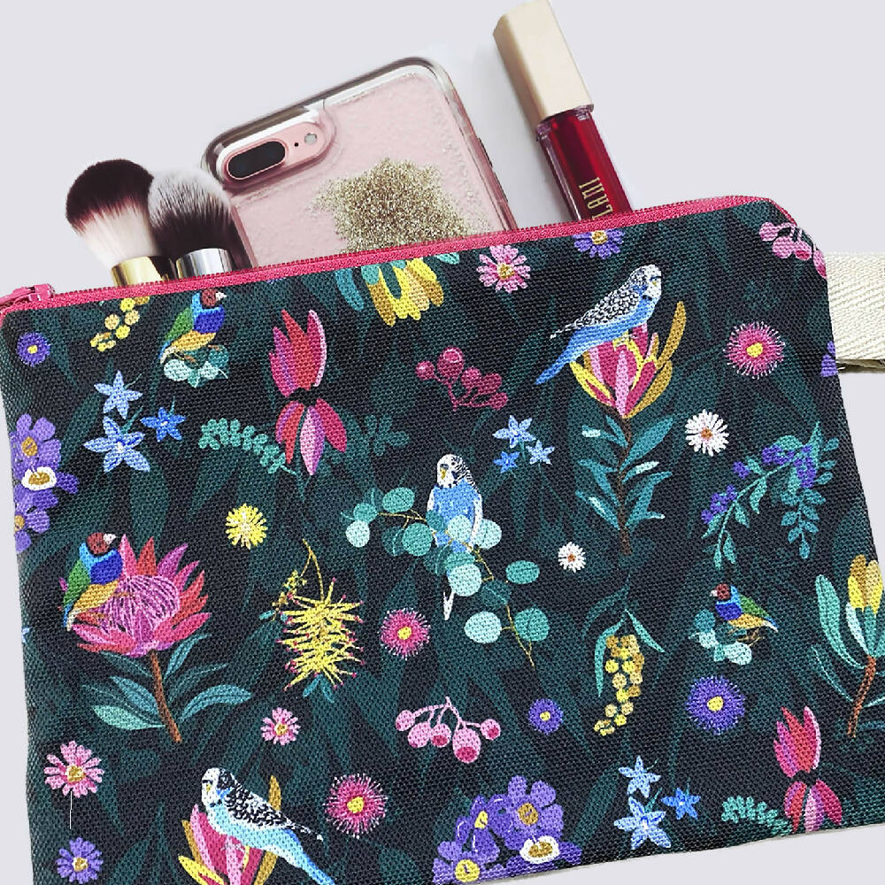 Zipper Purse - Australian Floral with budgies with a Secret Message inside #36