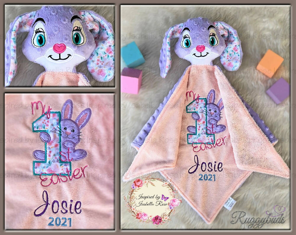 Baby comforter, Embroidered name, Bunny themed Ruggybud, Made to order