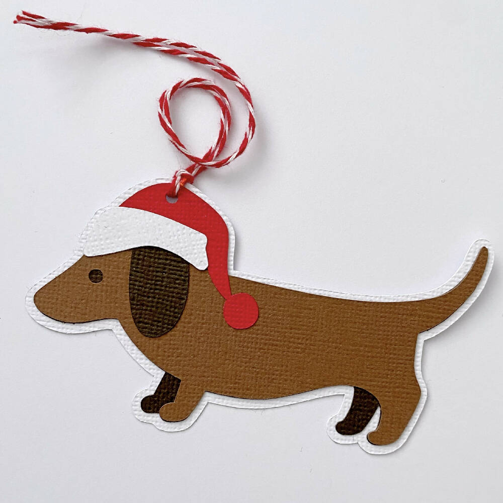 Christmas Dog gift tags. Dachshund with Santa hat.