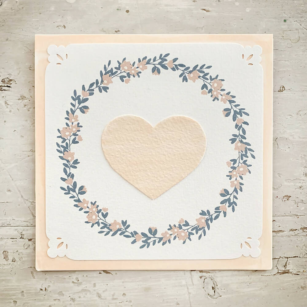 blank greeting card floral wreath peach blue with heart