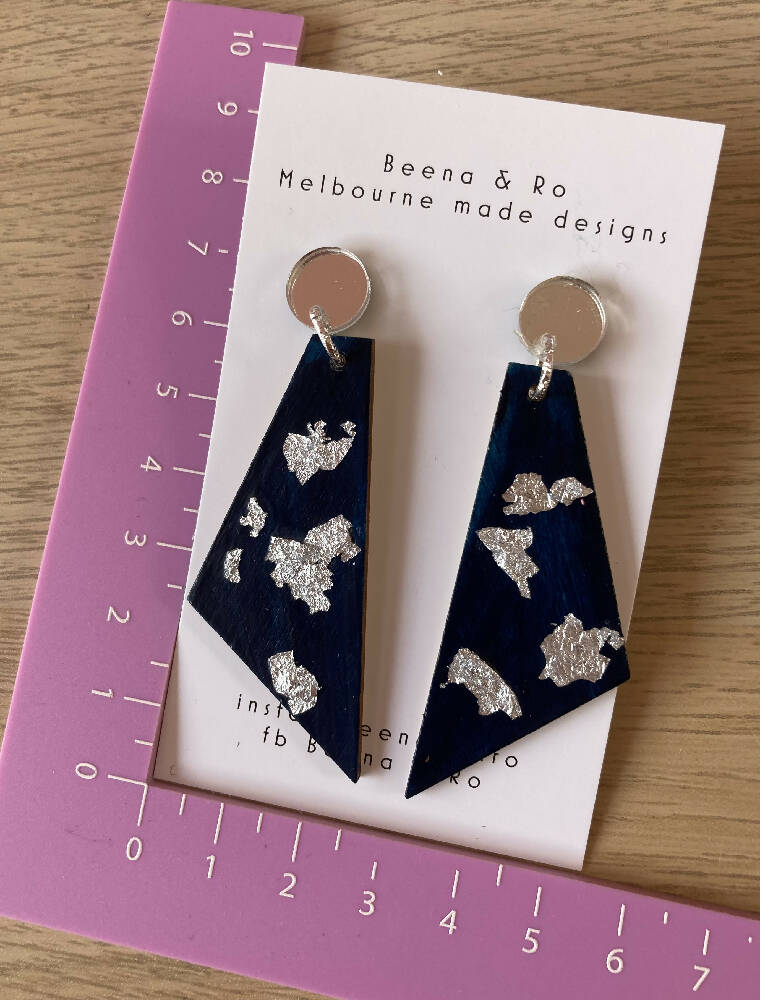 Midnight blue / silver fleck triangle earrings