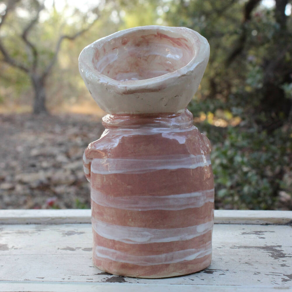 pink and white clay candlestick bird pottery