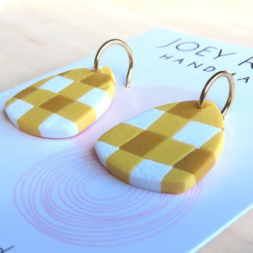 Yellow and White Textured Gingham Small Polymer Clay Earrings