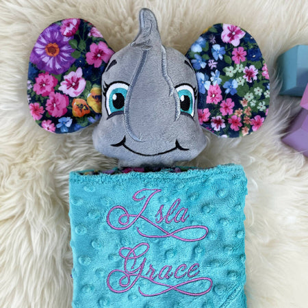 Baby comforter, Embroidered name, Elephant themed Ruggybud, Made to order