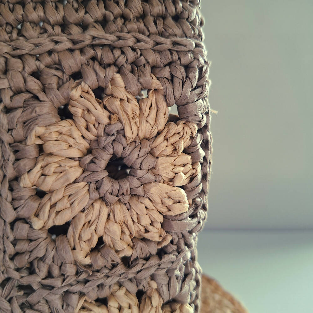 Boho Chic Raffia Crossbody Granny Square Bag - Latte and Cream