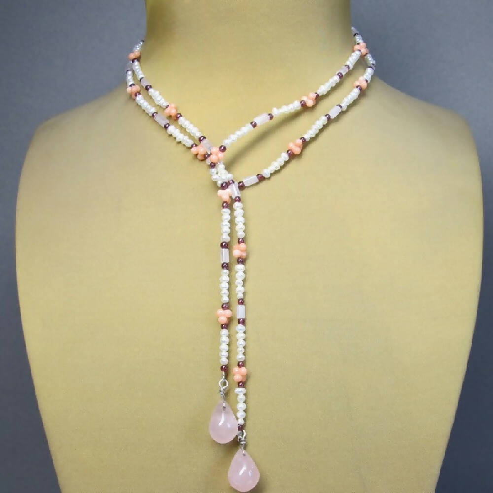 Rose quartz and coral lariat necklace 2