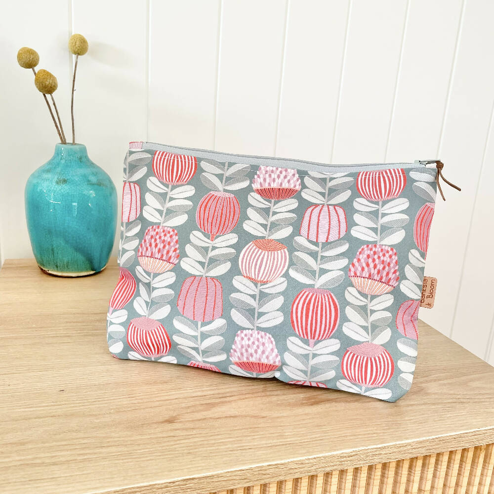 Large Zipper Pouch~ Proteas Grey and Pink