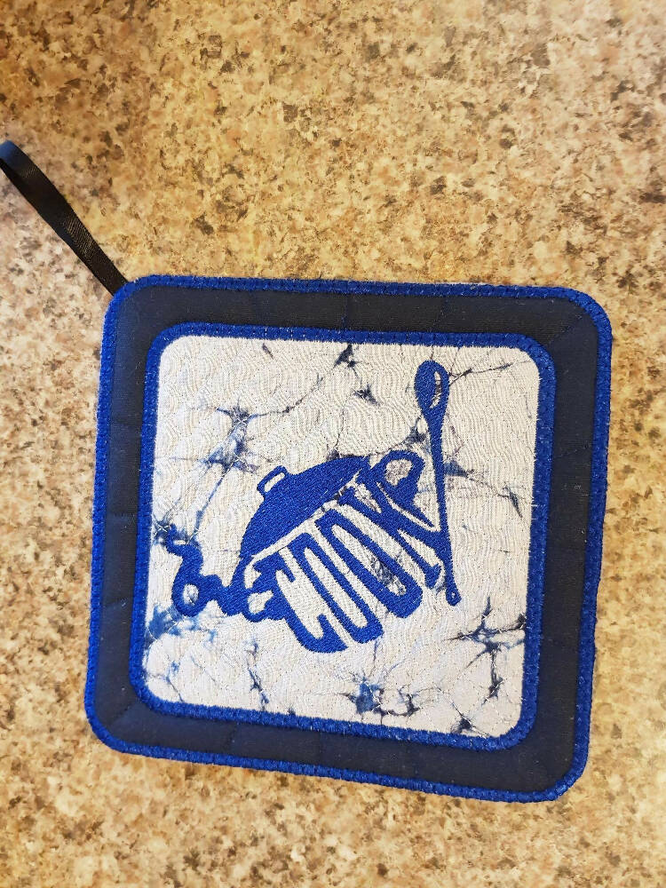 "Cooking Utensils" Embroidered Set of 2 Blue Pt Holders