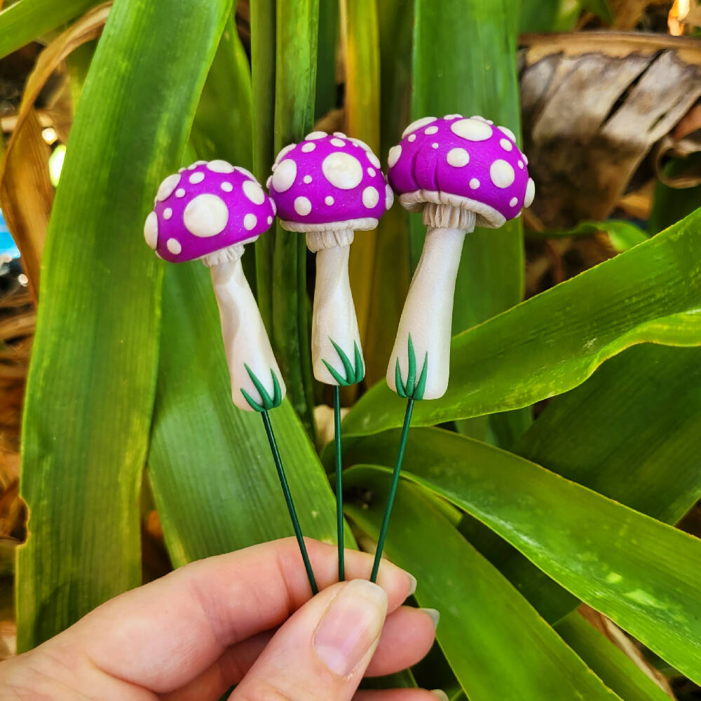 Bright Purple Fairy garden Mushrooms set with Ladybirds