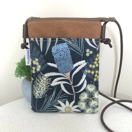 Cross Body Phone Sling Bag in Tan Canvas with Moonlight Flora