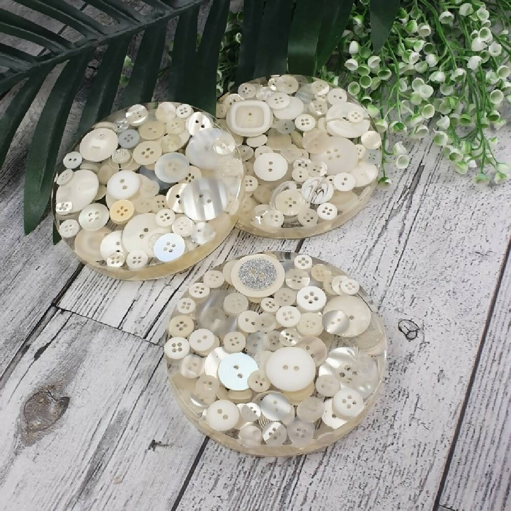 Coaster White Buttons Round Flat Resin Handmade Cast (6)