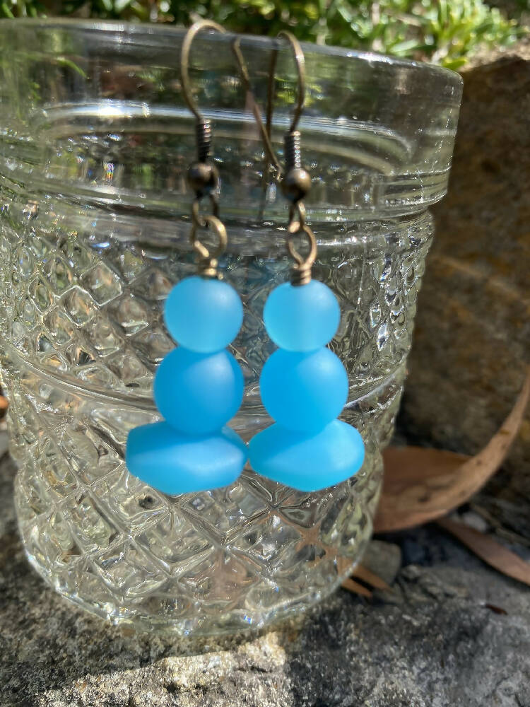 Aqua Sea Glass & Brass Earrings