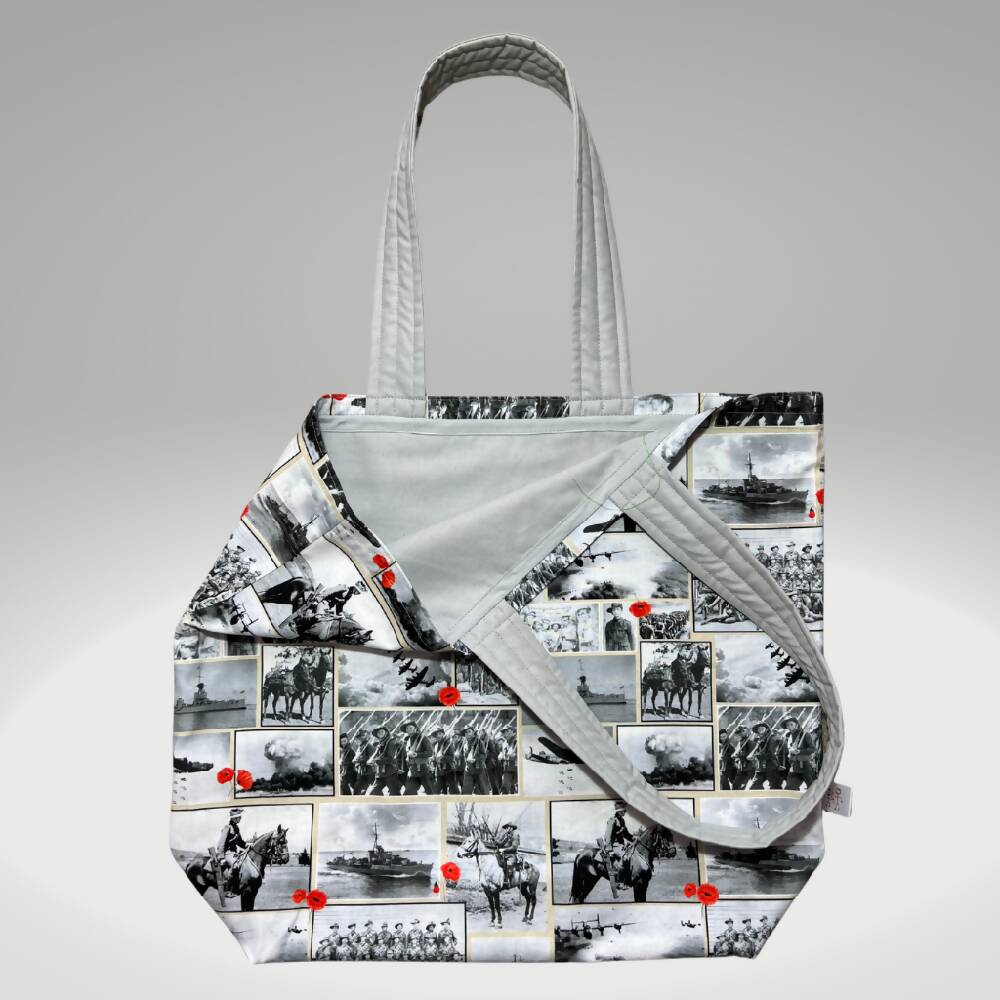 Grocery Tote .. Heroes ... Lined with storage pouch