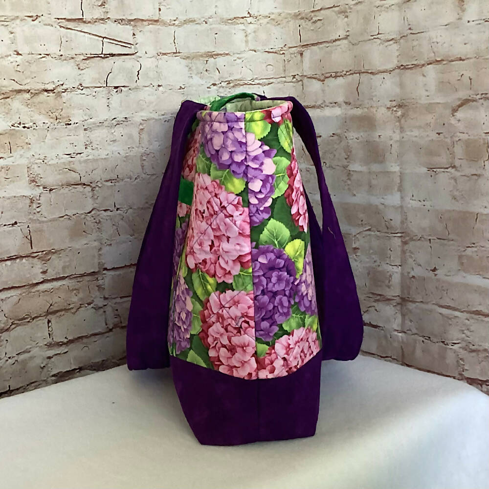 Hydrangeas flowers handbag, tote, shoulder bag for shopping, travel or craft.