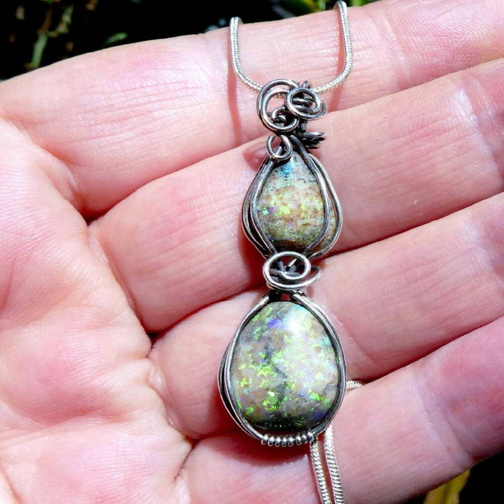 Two Andamooka opals pendant antiqued Sterling silver wire