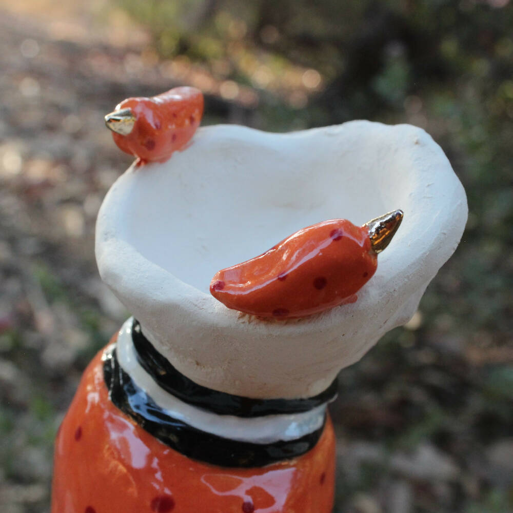 orange red clay candlestick birds pottery