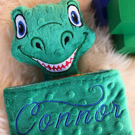 Baby comforter, Embroidered name, Dinosaur themed Ruggybud, Made to order