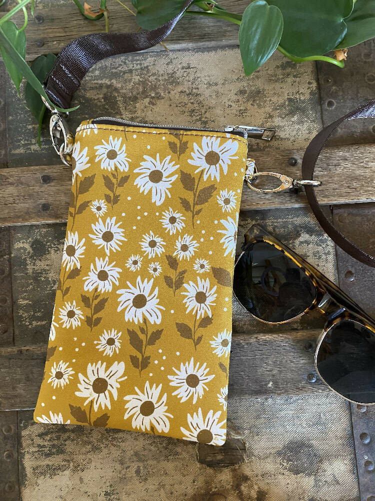 Mini Crossbody Bag - Small Sunflowers/Dk. Brown Faux Leather