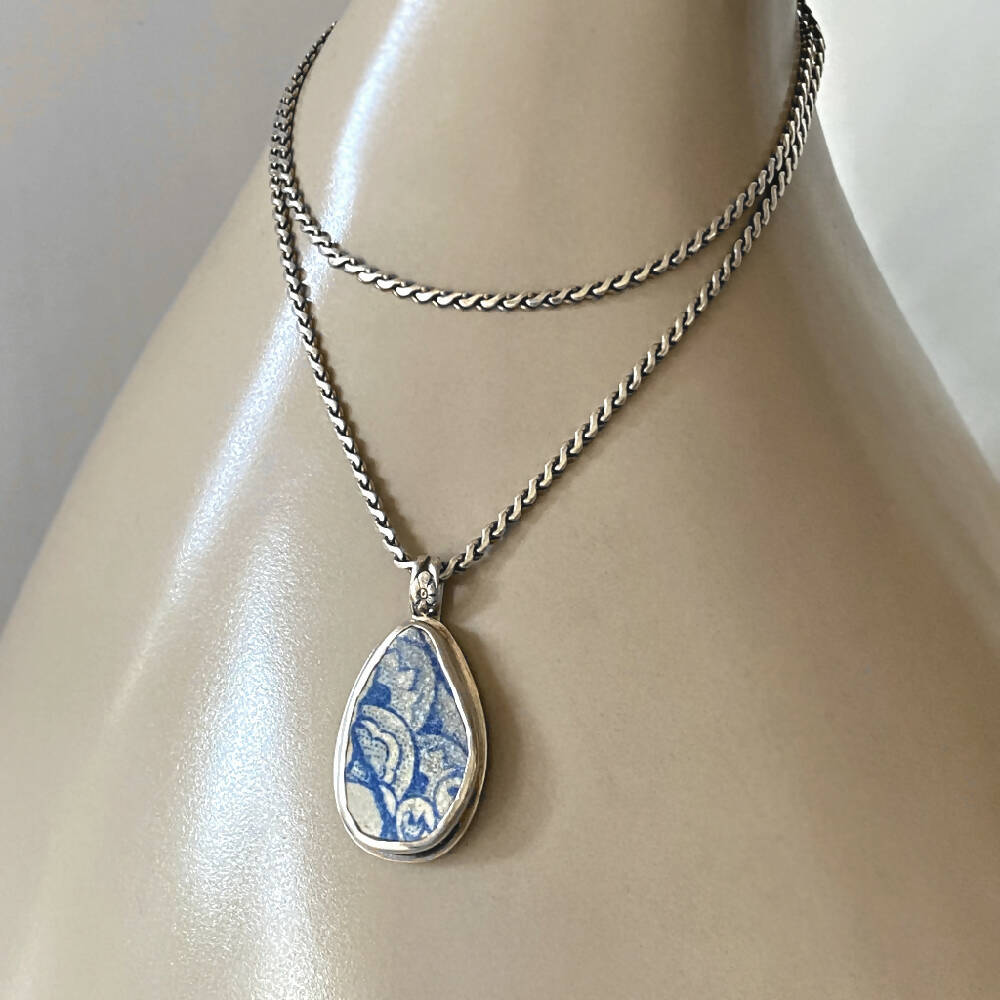 Sterling Silver Sea Pottery Bezel Set Pendant - Blue Mermaid Waves L