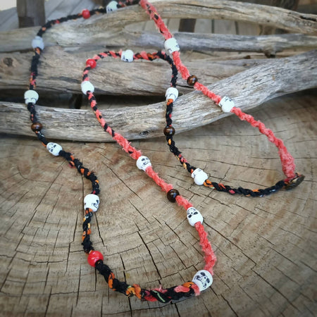 Boho Wrap Necklace - upcycled fabrics - skulls red / black