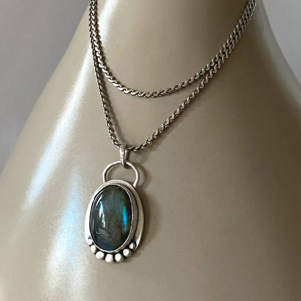 Pendant Sterling Silver Labradorite Oval Dots Bezel Set L