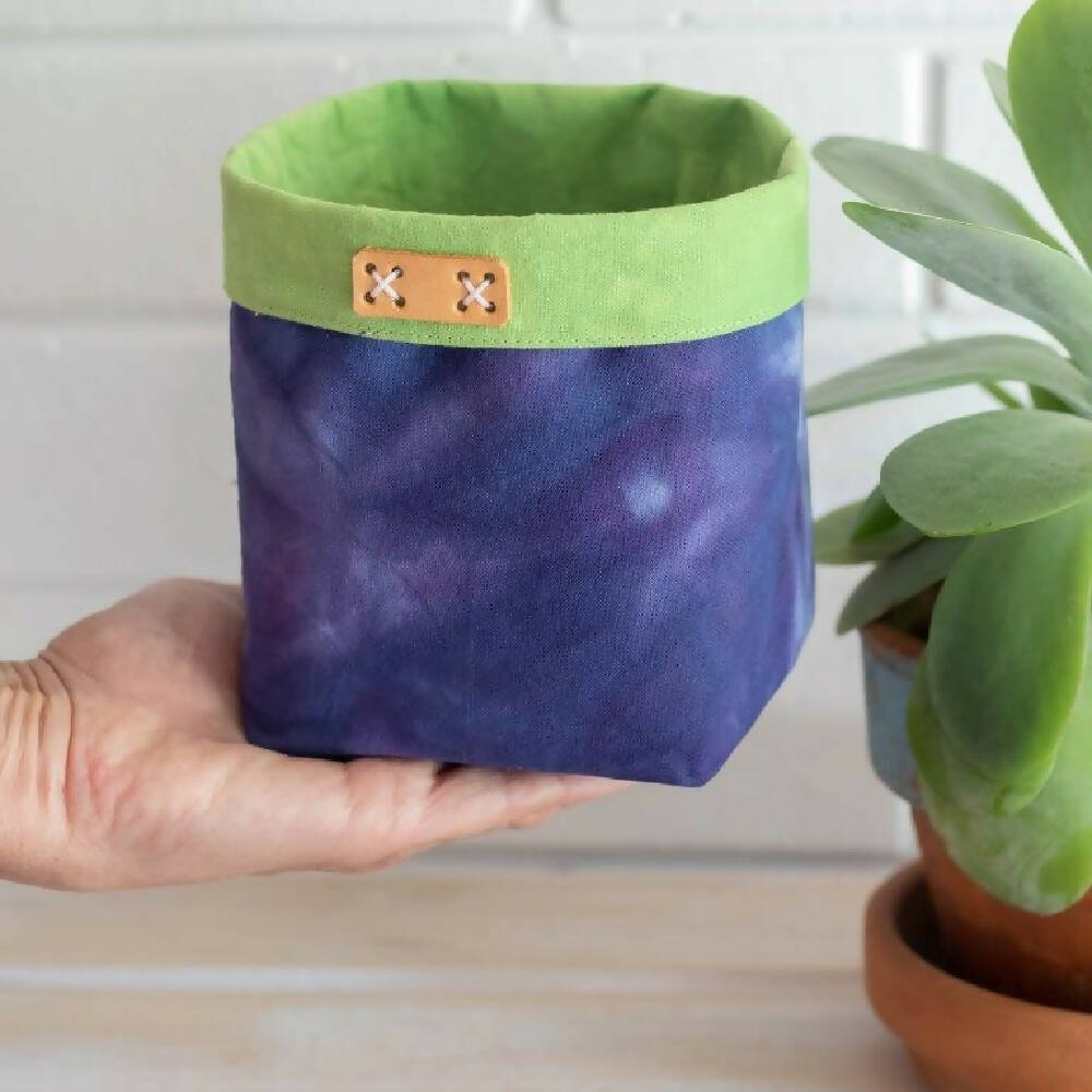 Ice Dyed Fabric Bucket, Storage Bin, Blue