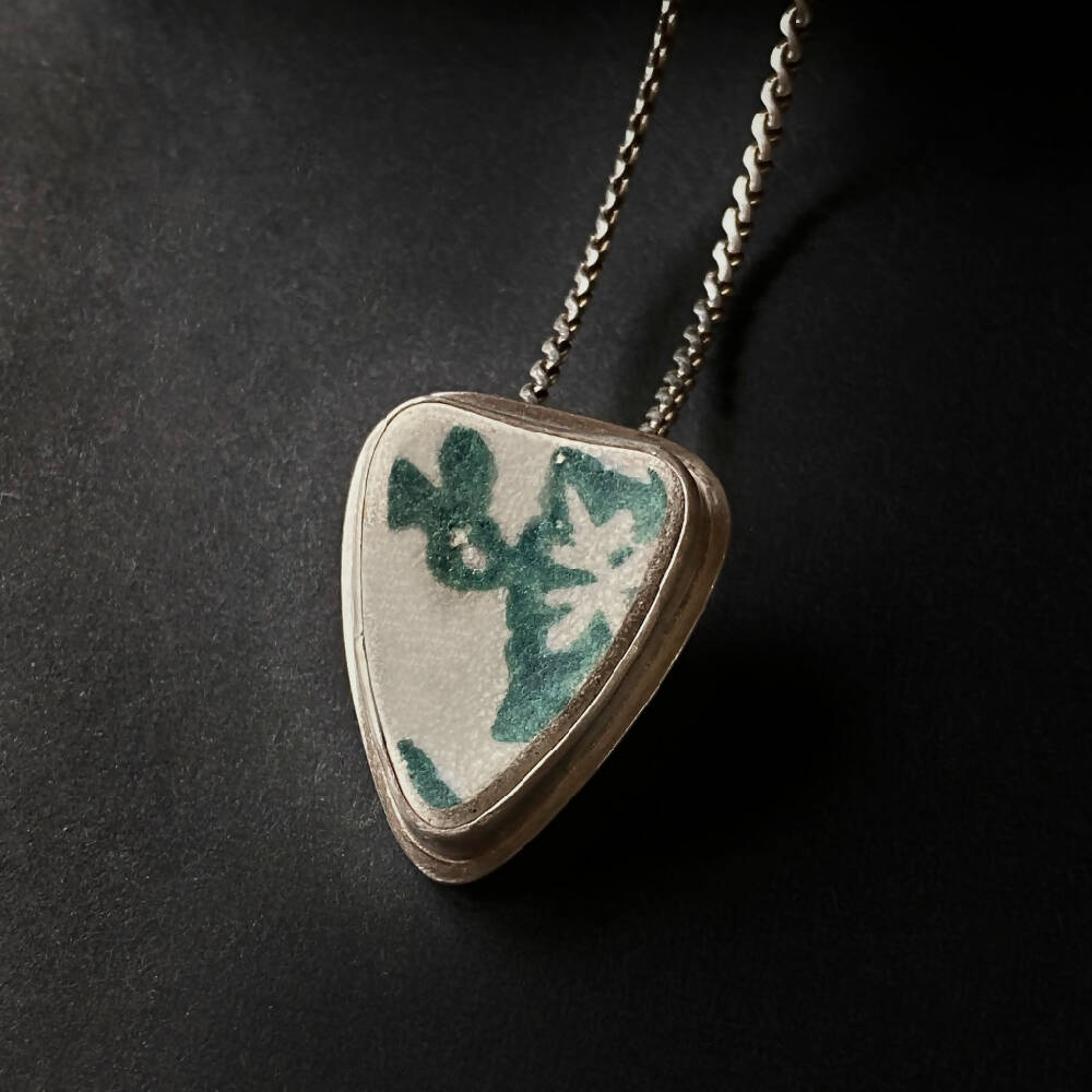 Pendant Sterling Silver Sea Pottery Green Blue Flowers D