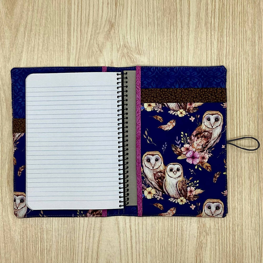 Owls refillable A5 fabric notebook cover gift set - Incl. book and pen.