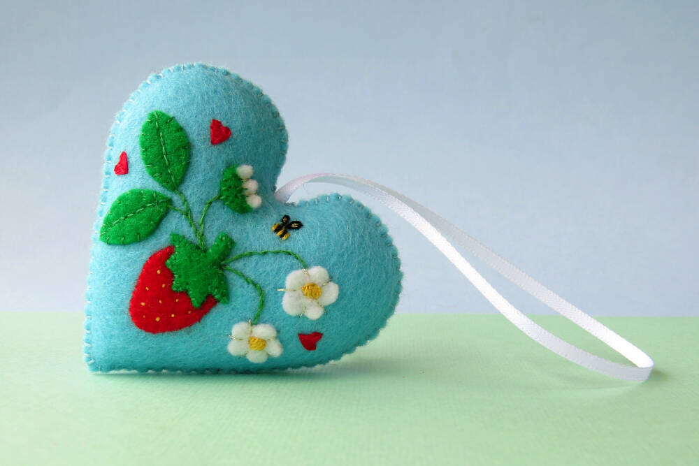 Heart Ornament - Embroidered Wool Felt - Strawberry Decoration