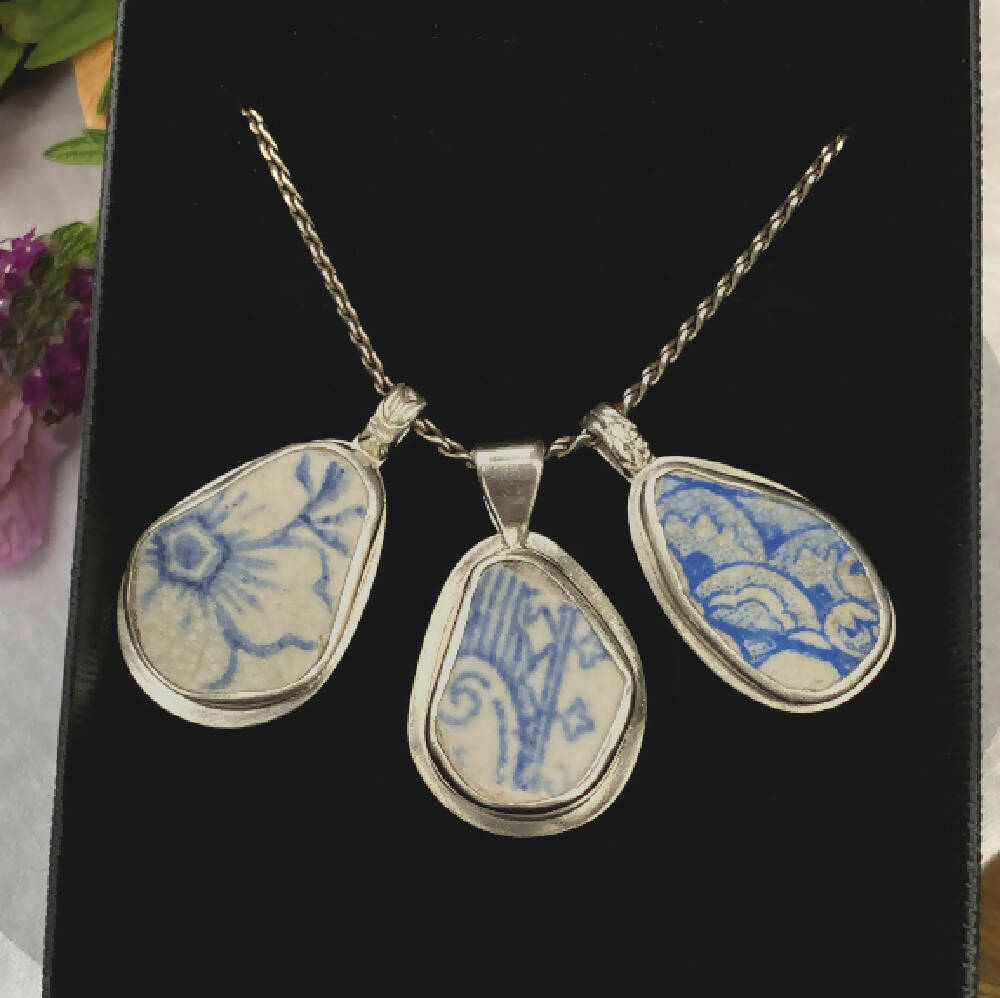Sterling Silver Scottish Sea Pottery Pendant - Blue Combo