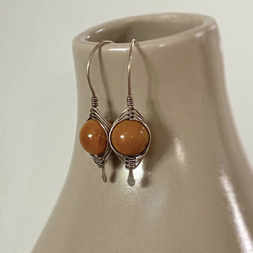 Sterling Silver Herringbone Weave Wire Wrap Earrings Mookaite Yellow