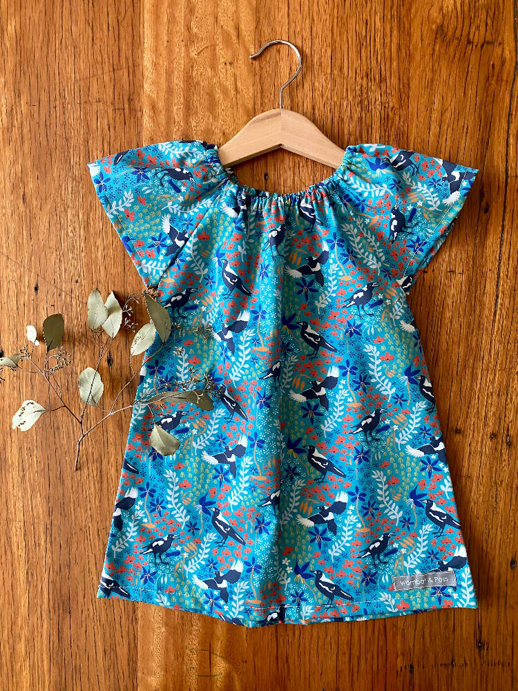 dress - turquoise magpies / cotton peasant-style dress green / Australian birds
