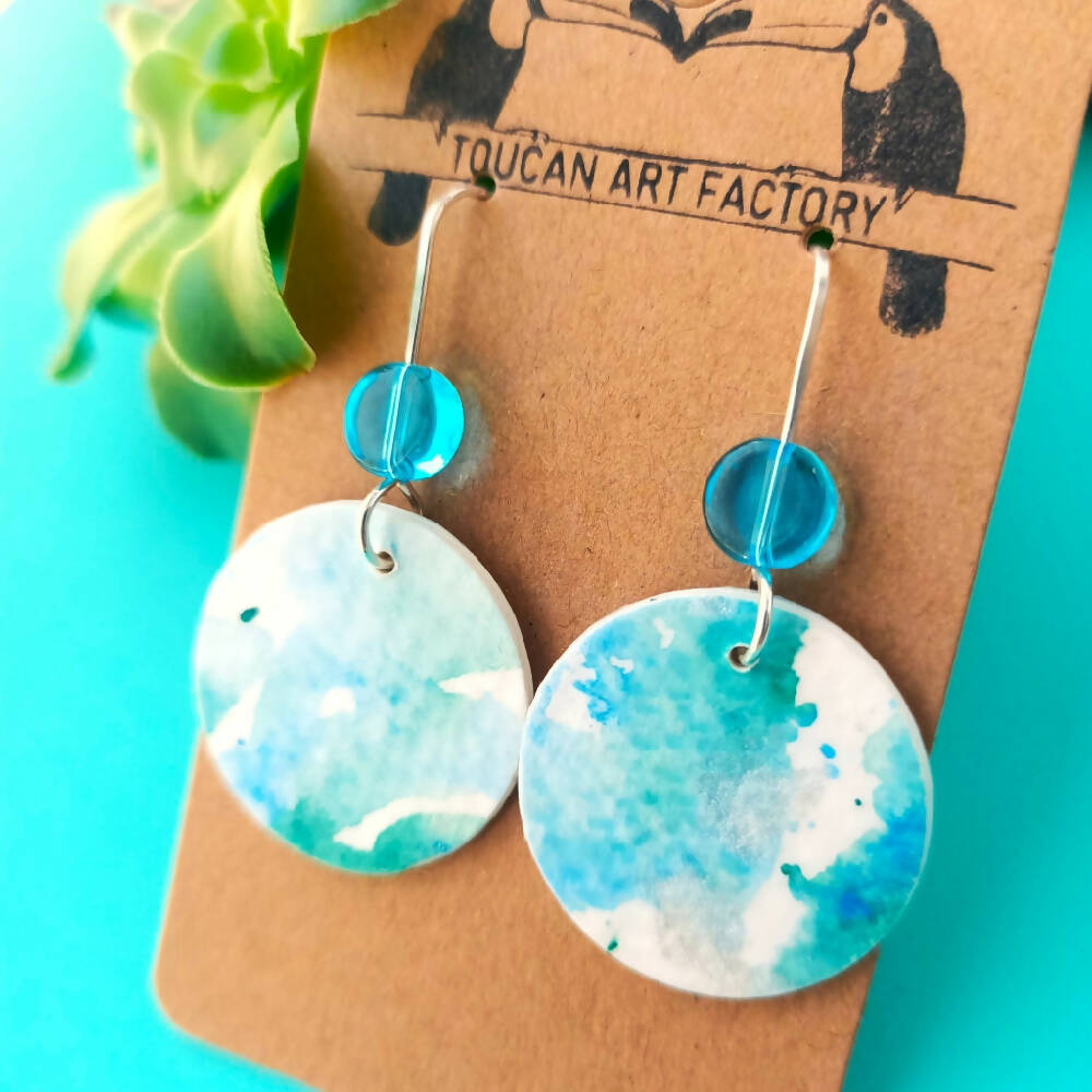 Hand Painted Watercolour Dangle Earrings - sterling silver - blue green