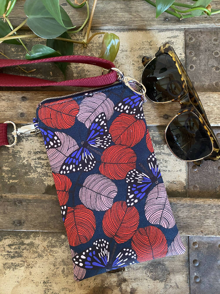 Mini & Small Crossbody Bag - Red Butterflies/Navy Faux Leather