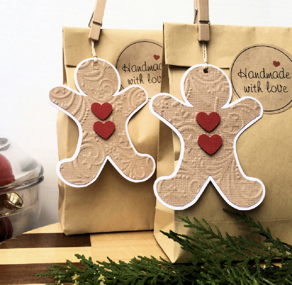 Gingerbread man gift tags, Christmas tags. Embossed gingerbread man shapes.