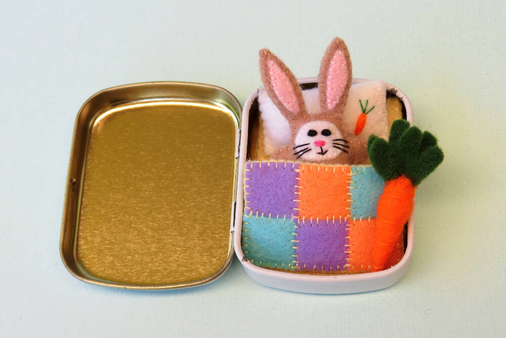 Miniature Felt Rabbit - Wool Felt Bunny Play Set - Tin Bed