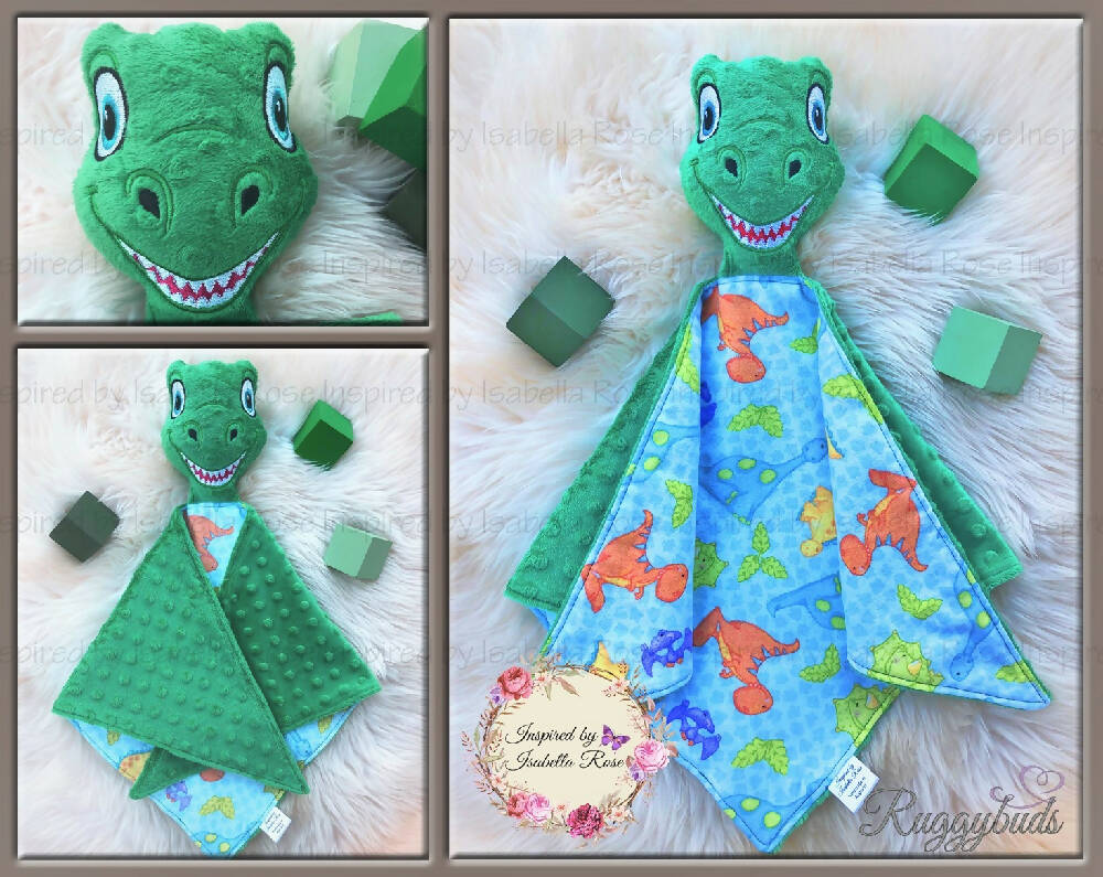 Baby comforter, Embroidered name, Dinosaur themed Ruggybud, Made to order
