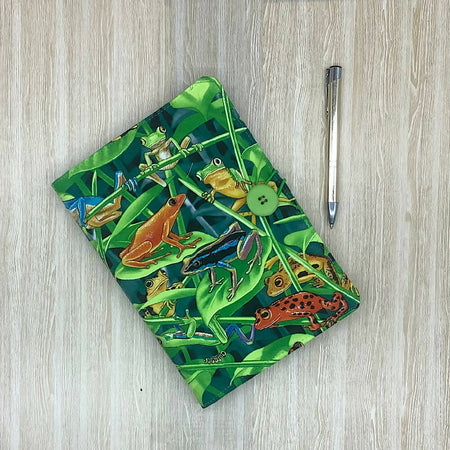 Colourful frogs refillable A5 fabric notebook cover gift set - Incl. book and pen.