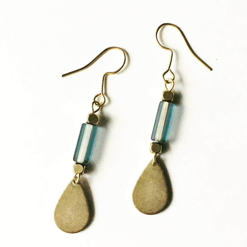 Blue Czech glass gold dangly earrings