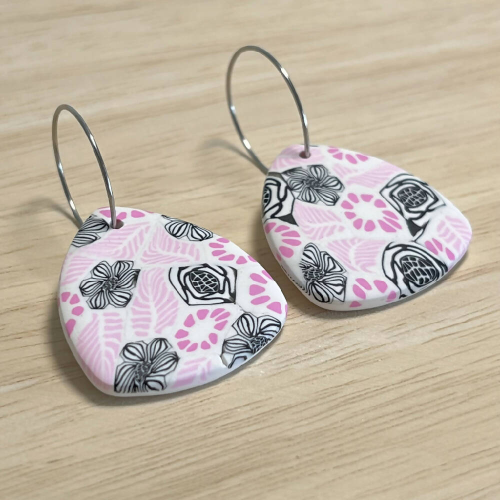 Polymer Clay Earrings Pink, Black and White Dangles