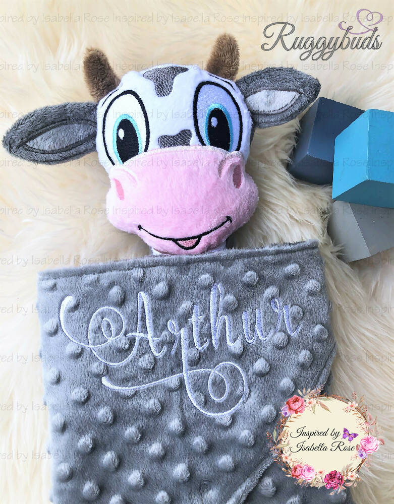 Baby comforter, Embroidered name, Cow themed Ruggybud, Made to order