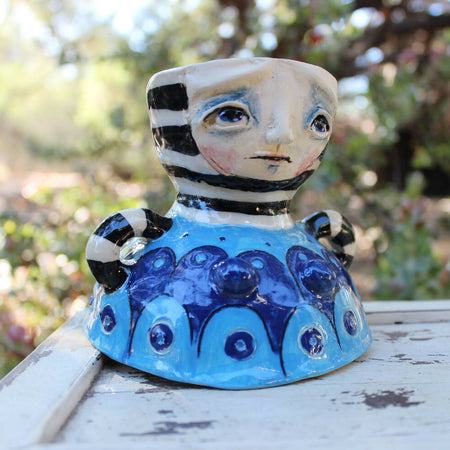 blue candlestick, clay, candle whimsical pottery