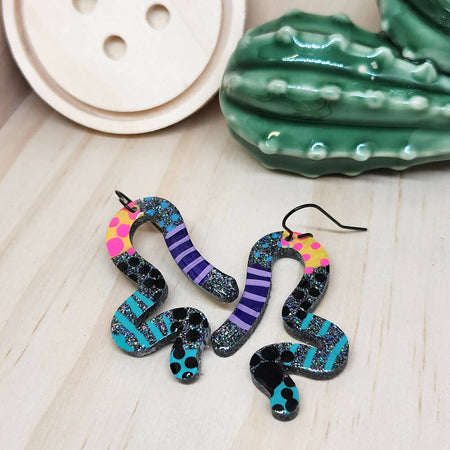 Dangle Earrings - Squiggle - Hand Painted on Handcast Resin - Hook
