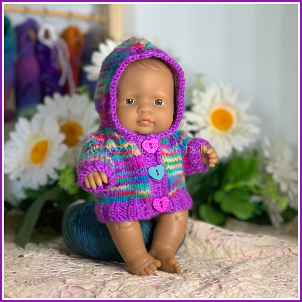 Miniland 21cm clothes, PDF digital pattern, Hoodie, Jacket, Hooded Coat, Boy, Girl, Unisex, Easy quick knit, Straight needles, Flat knit, Baby doll clothes, Cute outfit, Doll accessories, Minikane, 8inch, Clear instructions, Photos, 8ply DK yarn, Beginner friendly, Basic knitting, Simple pattern, 2, Eliza Beth Dolls, ElizaBethDolls, Australia