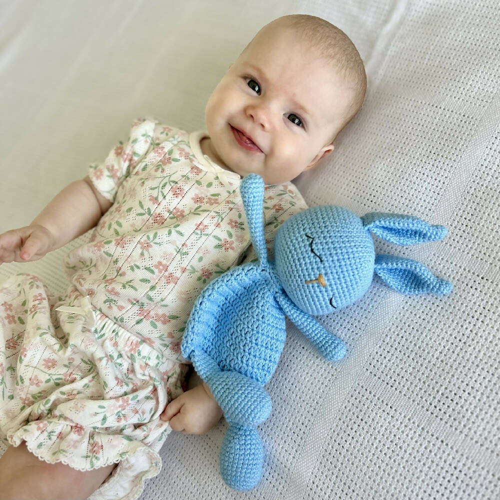 Blue crochet rabbit lovey