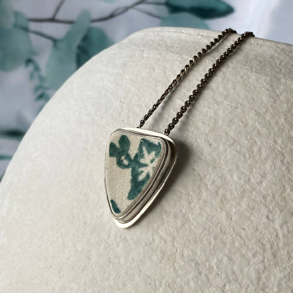 Pendant Sterling Silver Sea Pottery Green Blue Flowers V