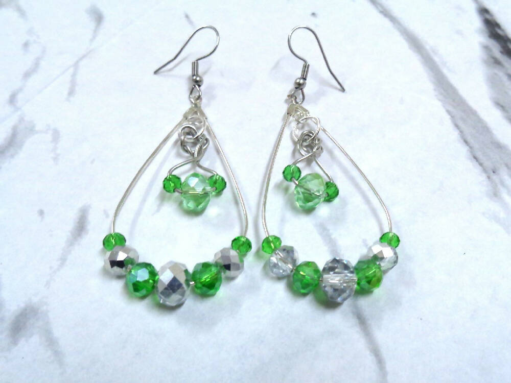 Hoop Earrings - Green and Silver Crystal Beads - Ladies