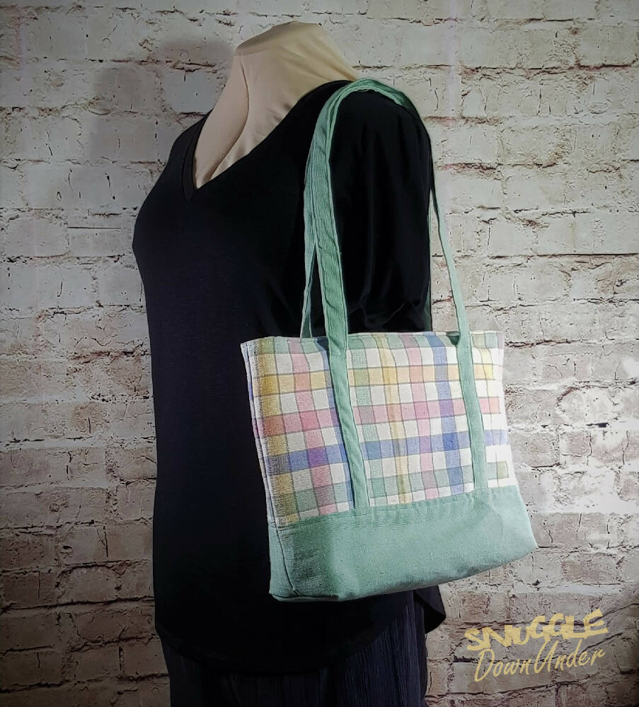 Pastel Plaid Tote Bag - Large Capacity Shoulder Shopping Satchel