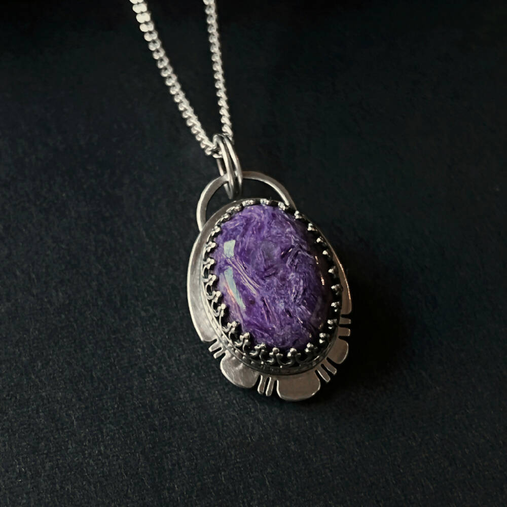 Pendant Sterling Silver Charoite Oval Purple Gothic Rn D