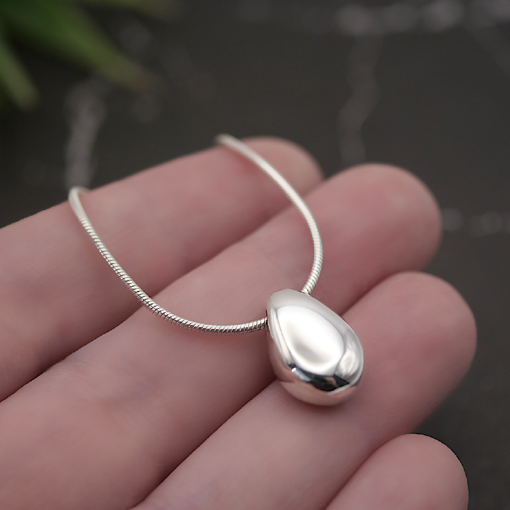 Egg - Handmade Solid Sterling Silver Teardrop Pendant with Snake Chain